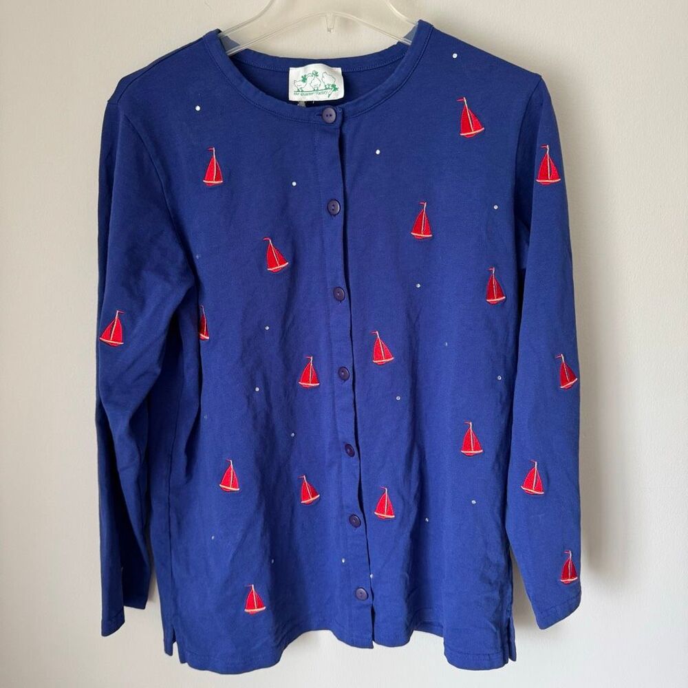Vintage Quacker Factory Embroidered Sailboat 100% Cotton Cardigan Nautical Blue